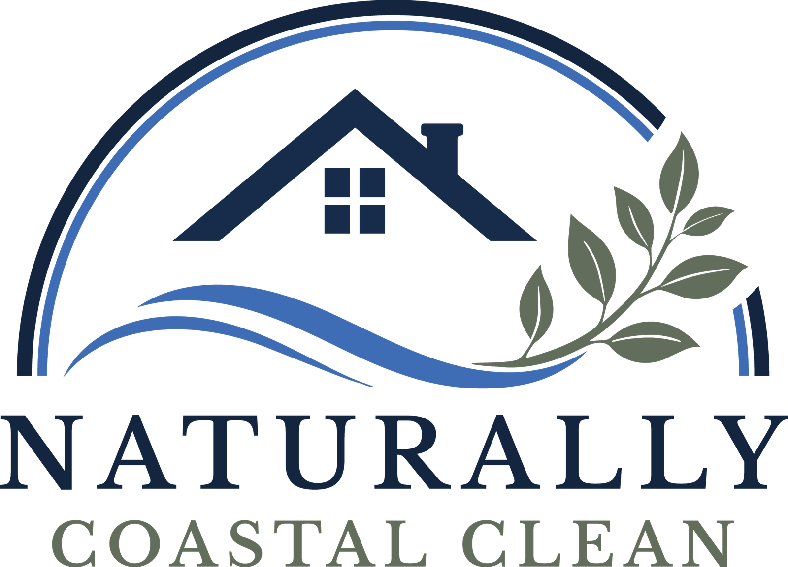 Naturally Coastal Clean logo with house, wave, and leafy branch