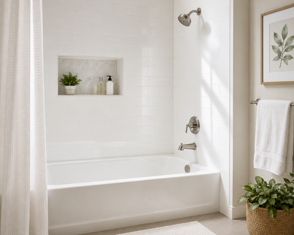 Bright clean bathtub and shower with white tile and fresh towels