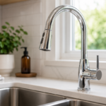 Close-up of a polished chrome kitchen faucet and clean sink area