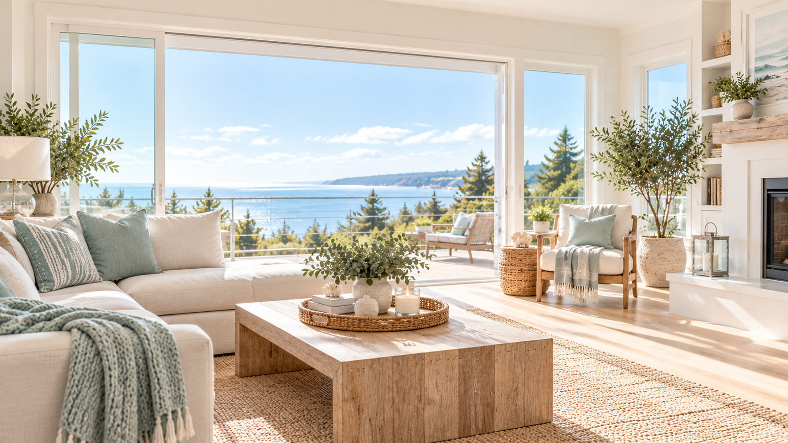 Bright coastal living room with ocean view, clean decor, and natural textures