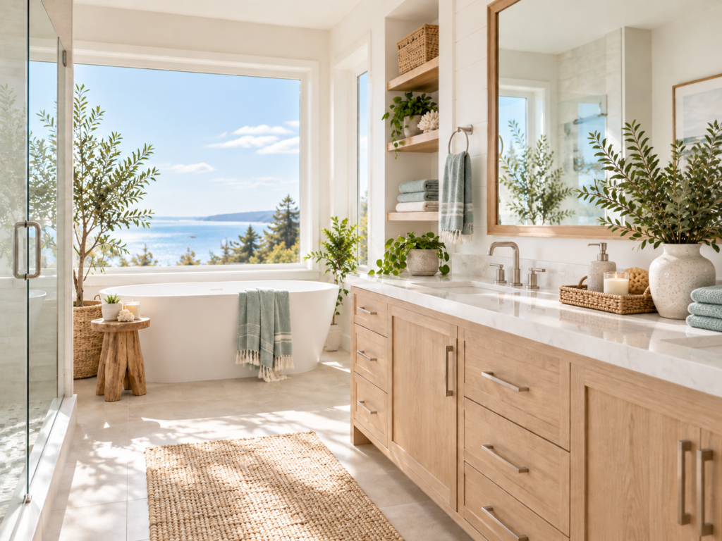 Spa-like coastal bathroom with freestanding tub, vanity, and ocean-view window