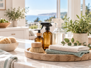 Eco-friendly cleaning products with cloths and greenery in a sunlit coastal home