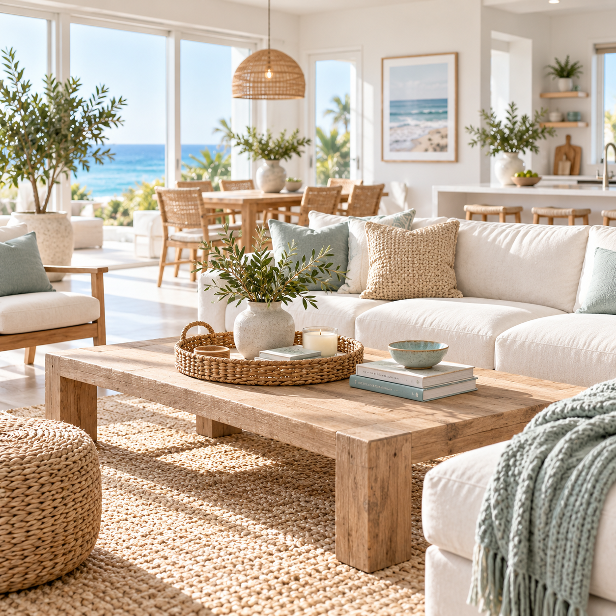 Bright clean coastal living room with natural textures and ocean view